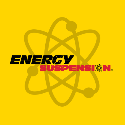 A yellow background with an atom logo and the words energy suspension.